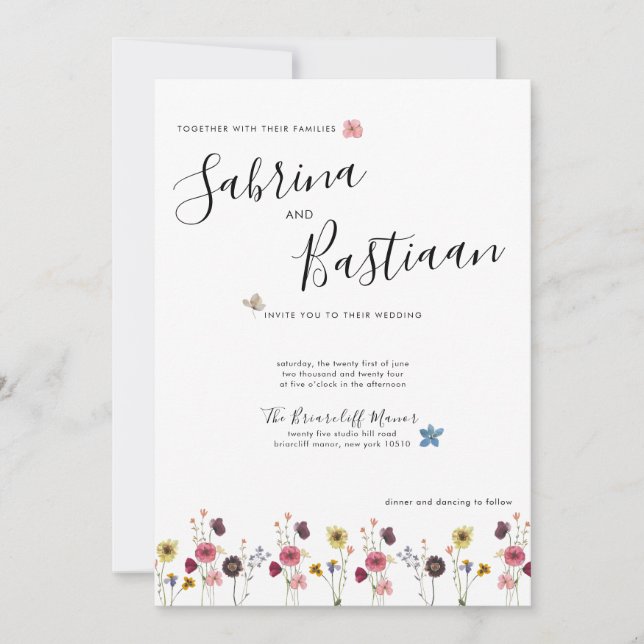 Modern Calligraphy Watercolor Wildflowers Wedding Invitation (Front)