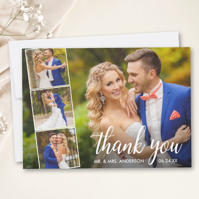 Modern Calligraphy Wedding 4 Photo Collage Thank You Card (Customize to add text or more photos to back of card.)