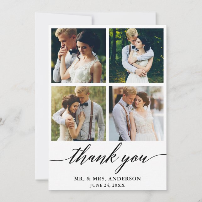 Modern Calligraphy Wedding 4 Photo Thank You Card (Front)