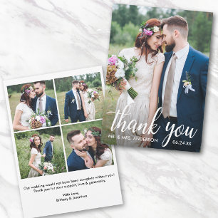 Modern Calligraphy Wedding Bride and Groom 5 Photo Thank You Card