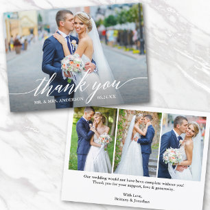 Modern Calligraphy Wedding Bride Groom 4 Photo Thank You Card