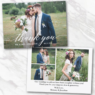 Modern Calligraphy Wedding Bride Groom 4 Photos Thank You Card