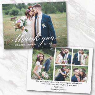 Modern Calligraphy Wedding Bride Groom 6 Photo Thank You Card