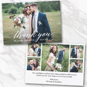 Modern Calligraphy Wedding Bride Groom 6 Photos Thank You Card