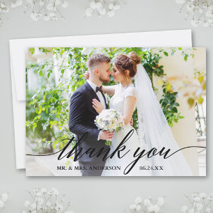 Modern Calligraphy Wedding Bride Groom Photo B Thank You Card