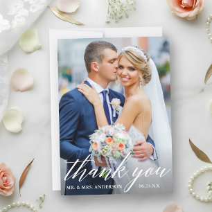 Modern Calligraphy Wedding Bride Groom Photo Thank You Card