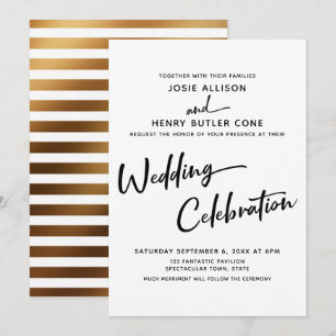 Modern Calligraphy Wedding Celebration Gold Stripe Invitation