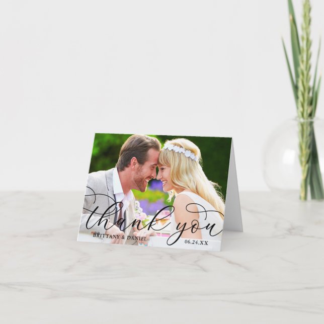 Modern Calligraphy Wedding Couple Photo Note Thank You Card (Front)