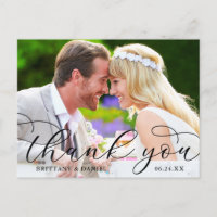 Modern Calligraphy Wedding Couple Photo Thank You