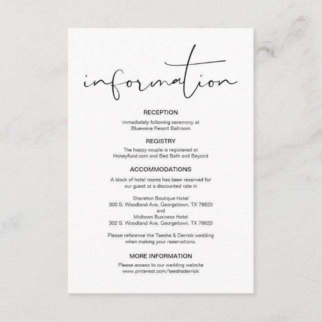 Modern Calligraphy, Wedding Details, Information  Enclosure Card (Front)