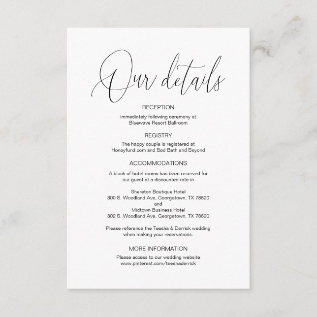 Modern Calligraphy, Wedding Details information Enclosure Card (Front)