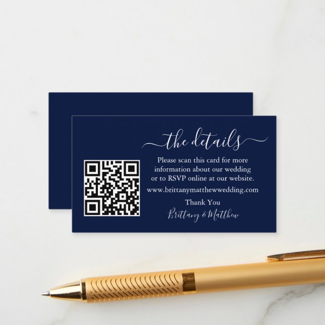 Modern Calligraphy Wedding Details Website QR Blue Enclosure Card (Front/Back In Situ)