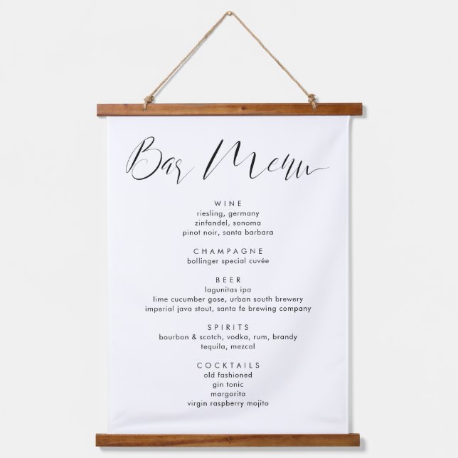 Modern Calligraphy Wedding Drinks Bar Menu Hanging Tapestry (Front)