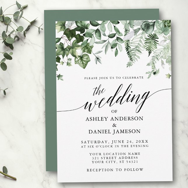 Modern Calligraphy Wedding Ivy Ferns Sage Green Invitation (Customize to change your personalized text size, style or color of back of card.)