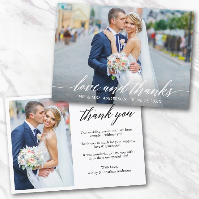 Modern Calligraphy Wedding Love Thanks 2 Photo Thank You Card (Customize to change your personalized text size or text style.)