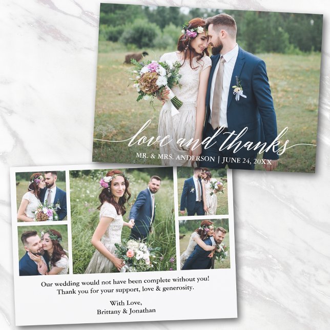 Modern Calligraphy Wedding Love Thanks 6 Photos Thank You Card (Customize to change your personalized text size or text style.)