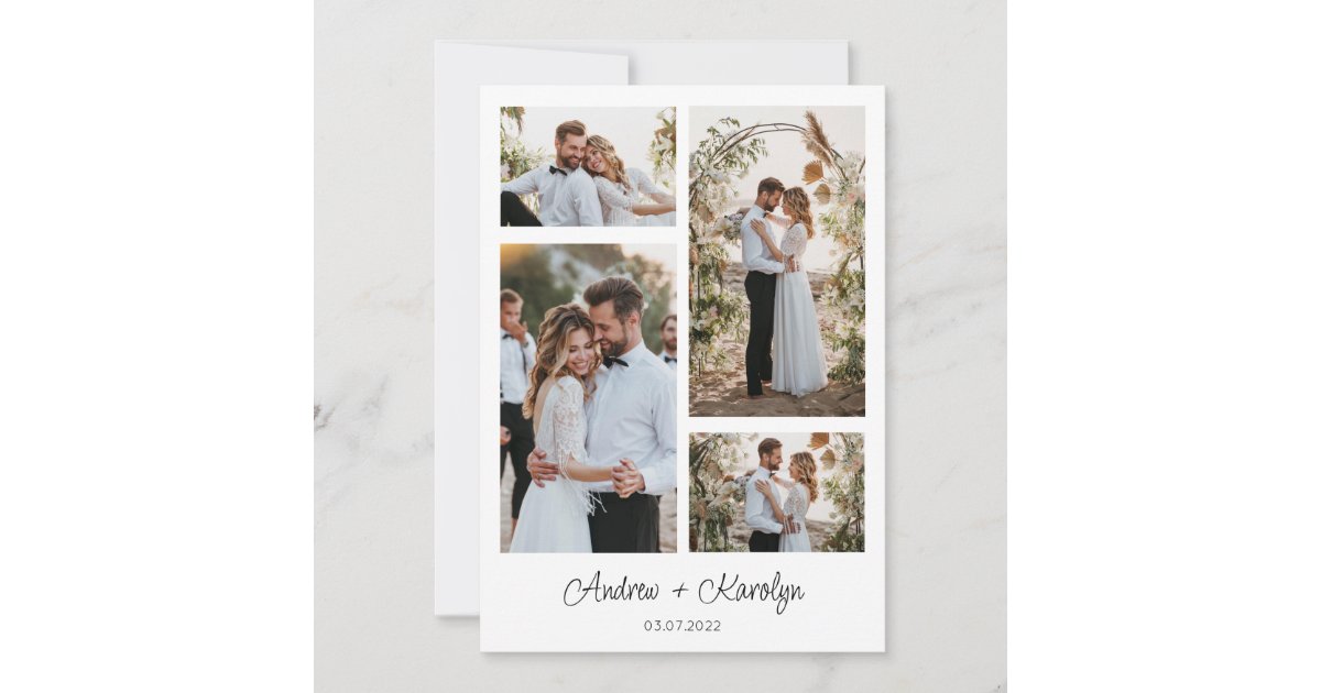 Modern calligraphy wedding photo collage thank you card | Zazzle
