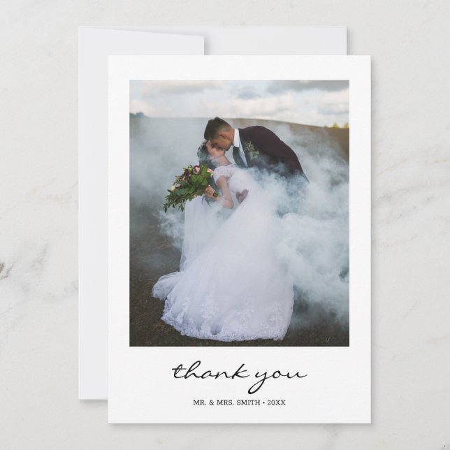 Modern Calligraphy Wedding Photo Thank You Card (Front)