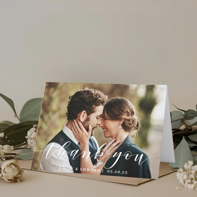 Modern Calligraphy Wedding Photo Thank You Card (Creator Uploaded)