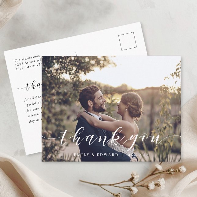Modern Calligraphy Wedding Photo Thank You Postcard (Creator Uploaded)