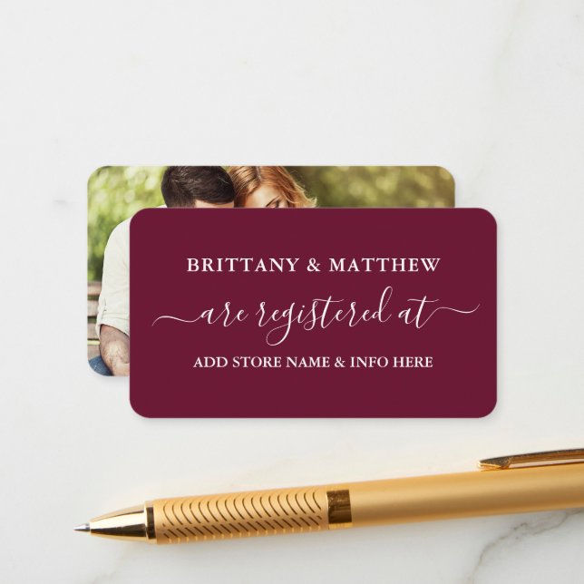 Modern Calligraphy Wedding Registry Photo Burgundy Enclosure Card (Front/Back In Situ)