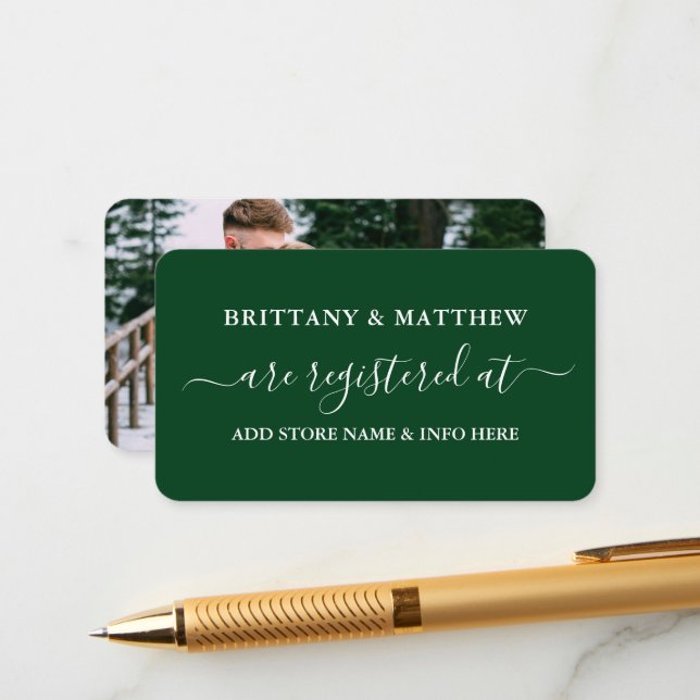 Modern Calligraphy Wedding Registry Photo Green Enclosure Card (Front/Back In Situ)