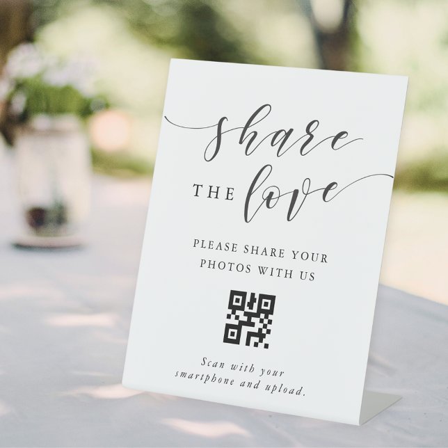 Modern Calligraphy Wedding Share the Love QR code Pedestal Sign (Creator Uploaded)