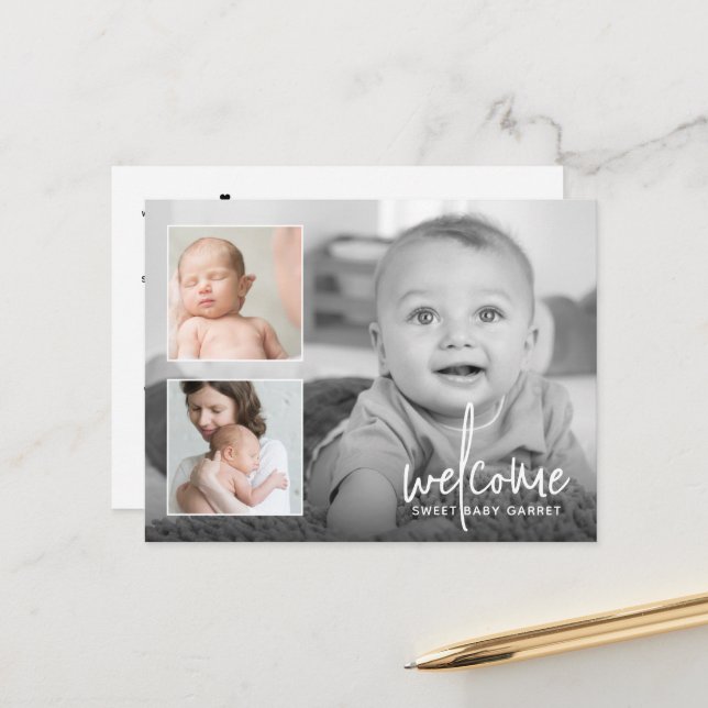 Modern Calligraphy Welcome 3 Photo Birth Announcement Postcard (Front/Back In Situ)