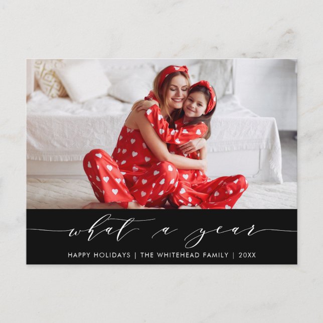 Modern Calligraphy What a Year Black Photo Holiday Postcard (Front)