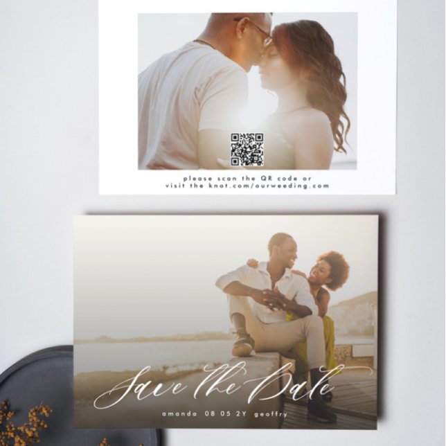 Modern Calligraphy White Overlay Photo QR code Save The Date (Creator Uploaded)