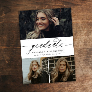 Modern Calligraphy White Three Photo Graduation Invitation