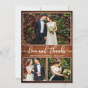 Modern Calligraphy Wood 3 Photo Wedding Collage Thank You Card