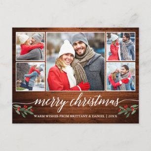 Modern Calligraphy Wood 5 Photo Merry Christmas Postcard