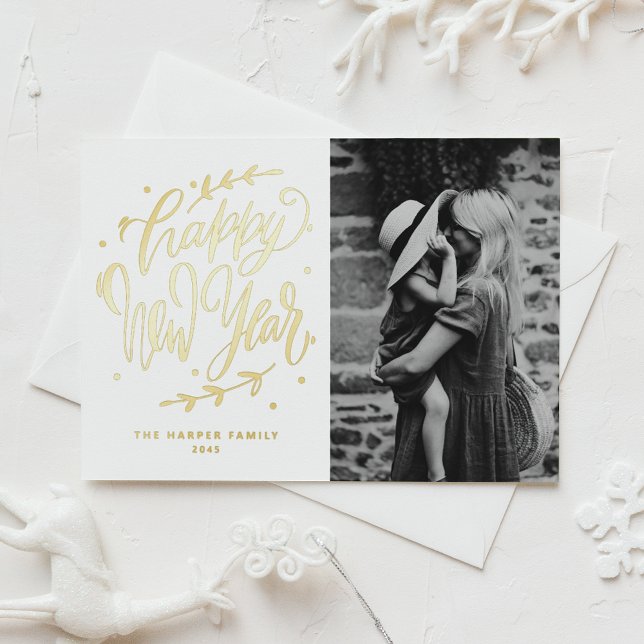 Modern Calligraphy Wreath Happy New Year Photo Foil Holiday Card (Celebrate the New Year with this customizable photo gold foil Happy New Year card. )