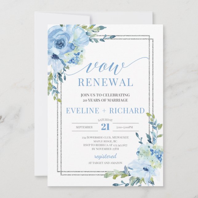 Modern callygraphy lettering blue boho vow renewal invitation (Front)