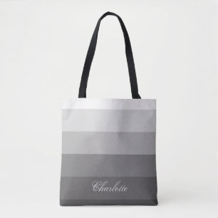 Modern Calm Gradient Grey Stripes Custom Name Tote Bag