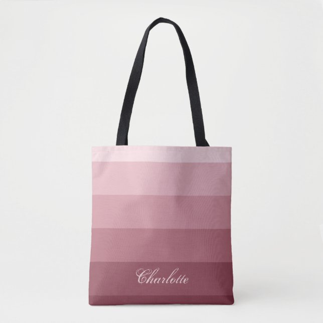 Modern Calm Gradient Rose Red Stripes Custom Name Tote Bag (Front)