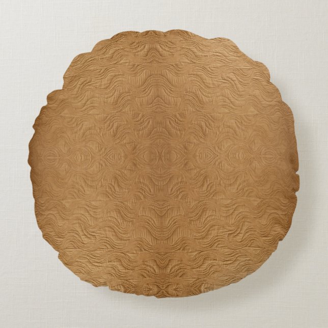 Modern Camel Brown Wavy Ripples Abstract Textured Round Cushion (Front)