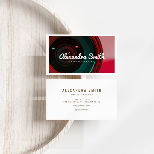 modern camera neon white script photography business card (Creator Uploaded)