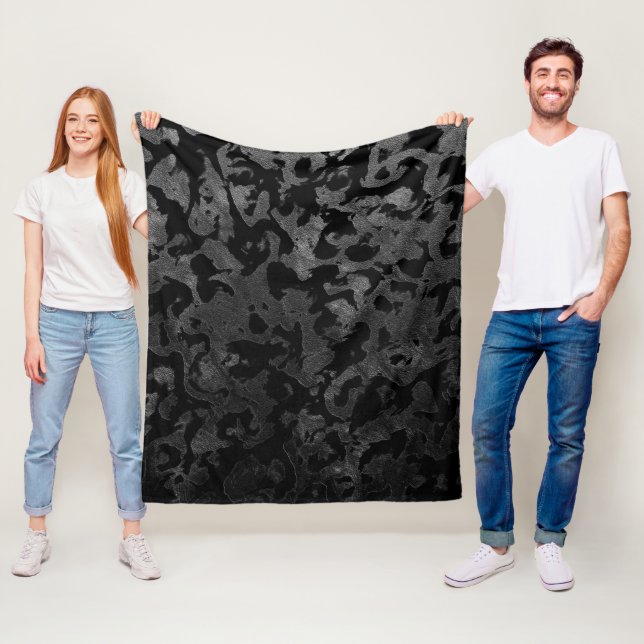 Modern Camo -Black and Dark Grey- camouflage Fleece Blanket (In Situ)