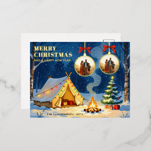 Modern Camping Christmas Ornament Photo Foil Holiday Postcard