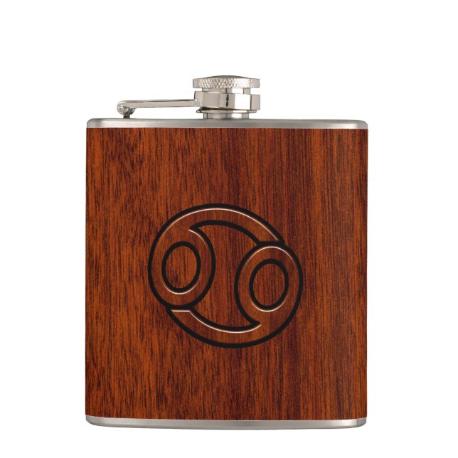 Modern Cancer Zodiac Sign on Mahogany Decor Hip Flask (Front)