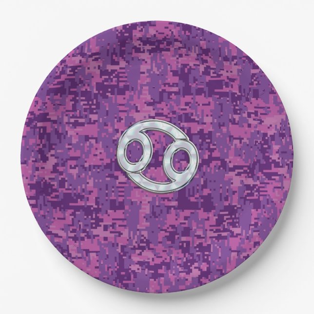 Modern Cancer Zodiac Sign Pink Digital Camouflage Paper Plate (Front)