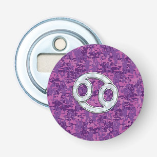 Modern Cancer Zodiac Symbol on Pink Digital Camo Bottle Opener