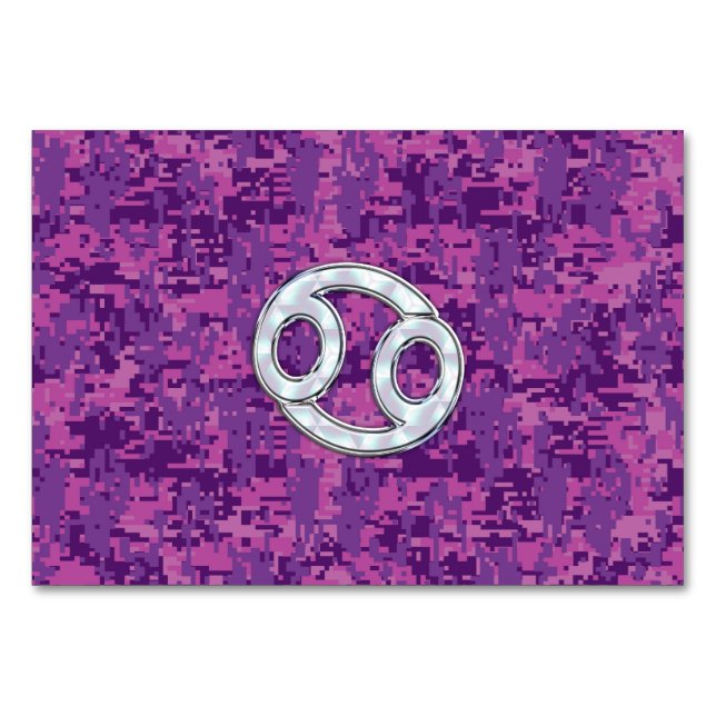 Modern Cancer Zodiac Symbol on Pink Digital Camo Table Number (Front)
