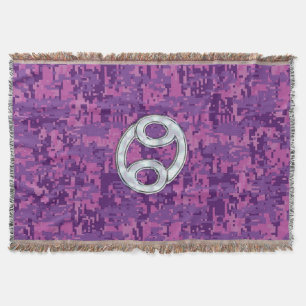 Modern Cancer Zodiac Symbol on Pink Digital Camo Throw Blanket