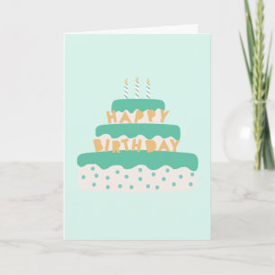Modern Candle Birthday Cake Polka Dots Green Blue Card