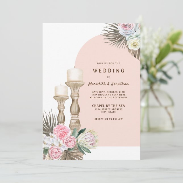 Modern Candles Boho Arch Wedding Invitation (Standing Front)