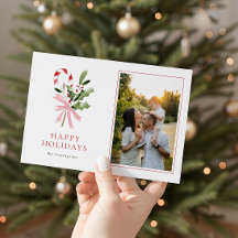 Modern Candy Cane Holly & Bow Photo Holiday Card