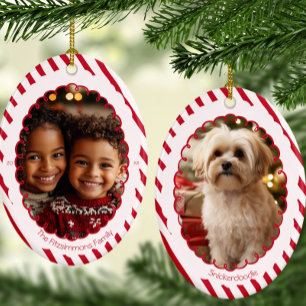 Modern Candy Cane Stripe Christmas 2 Photos Ceramic Ornament